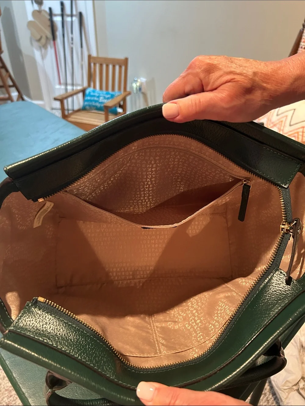 kate spade Dark Green Leather Shoulder Tote with Gold Hardware